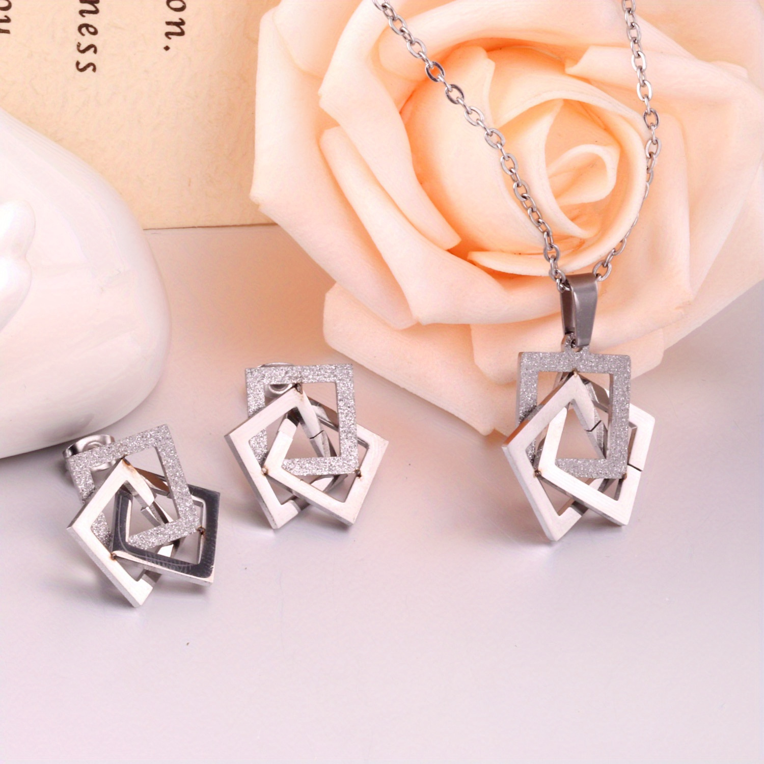 3pcs Set Square Necklaces and Stainless Steel Earrings for Everyday Wear